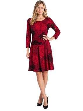 Enfocus Studio Red Black Floral Soft Stretch 3/4 Sleeve Midi Dress Size 4
